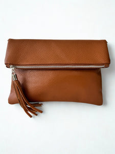 lusciousscarves Dark Tan Italian Leather Fold Over Clutch Bag with Tassel, Available in 17 Colours .