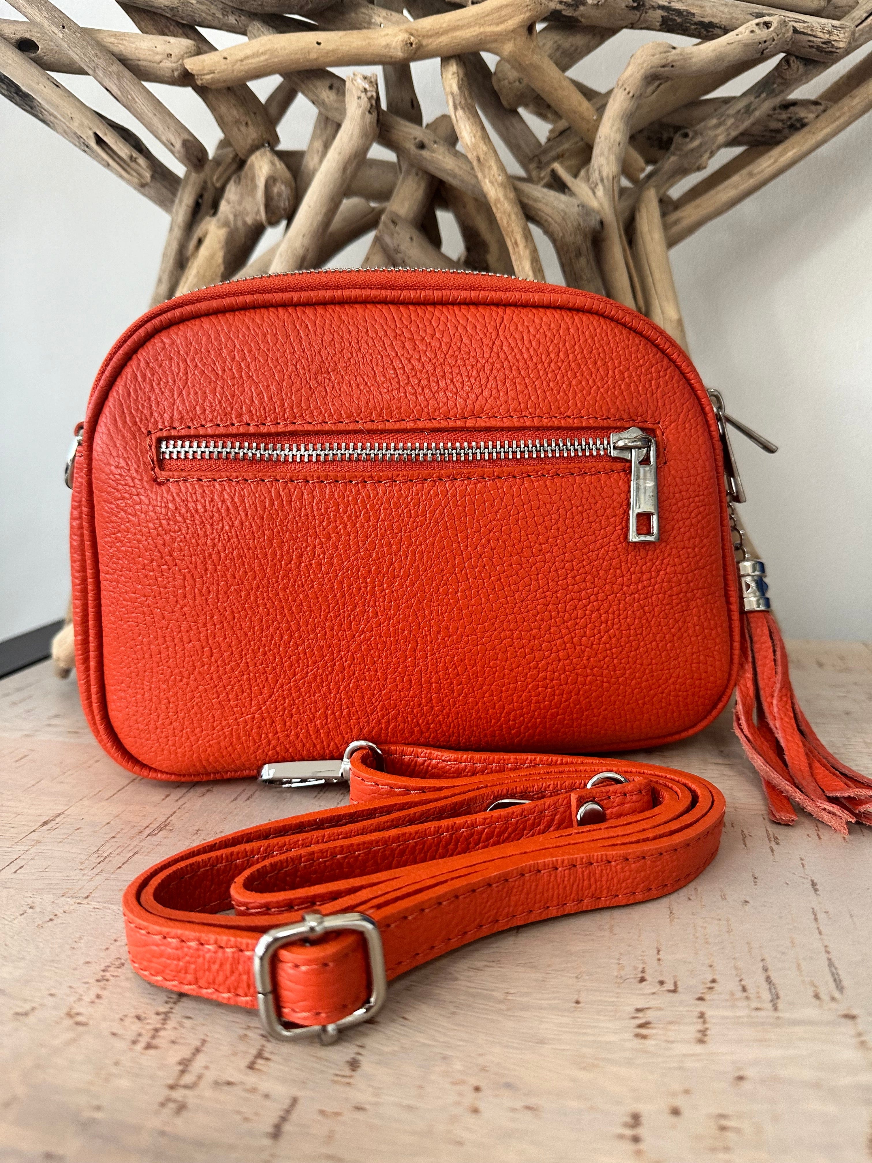 lusciousscarves Deep Orange Triple Zip Italian Leather Crossbody Camera Bag