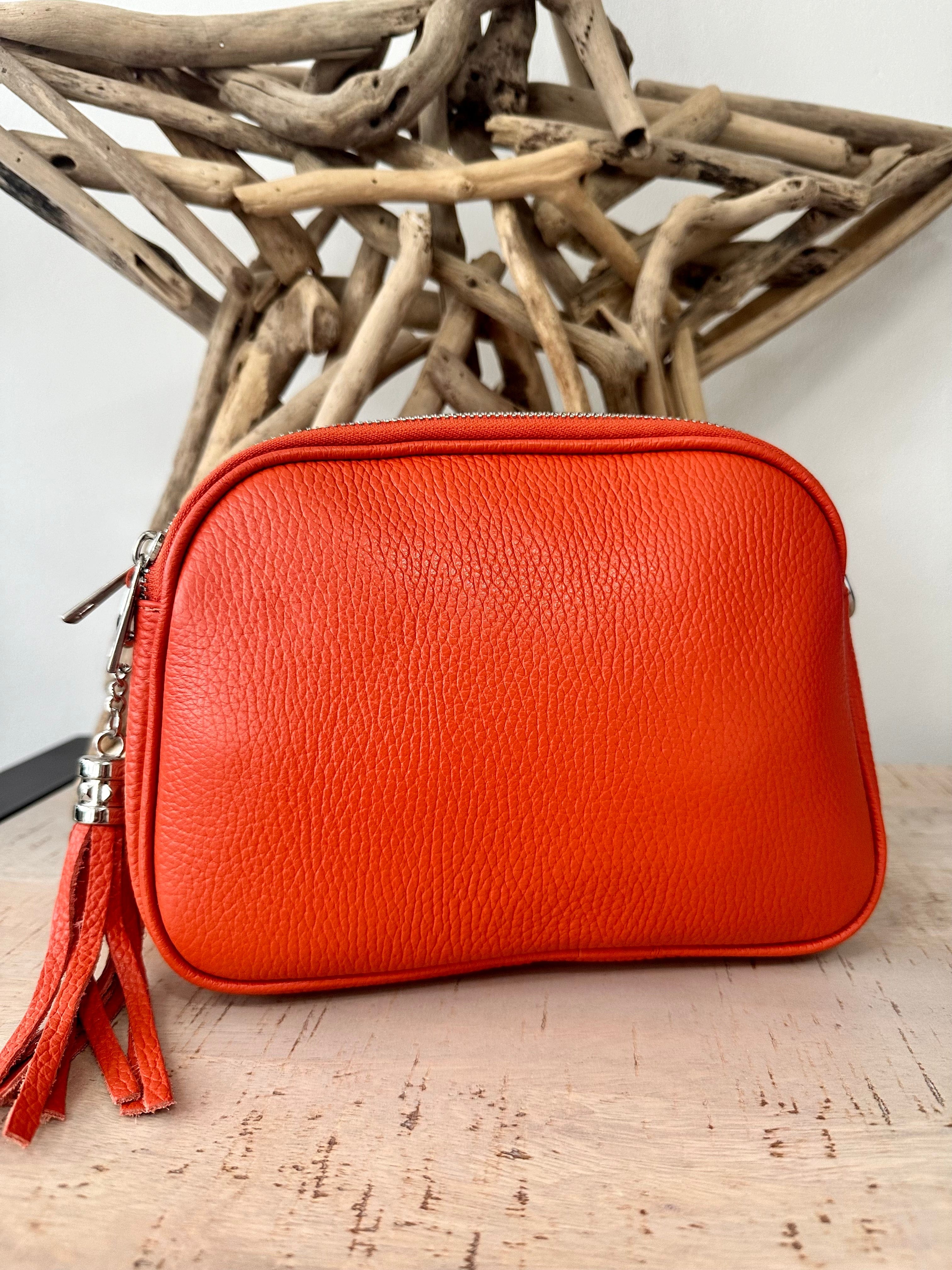 lusciousscarves Deep Orange Triple Zip Italian Leather Crossbody Camera Bag