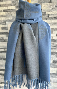 lusciousscarves Denim Blue and Grey Reversible Mulberry Tree Scarf / Wrap , Cashmere blend