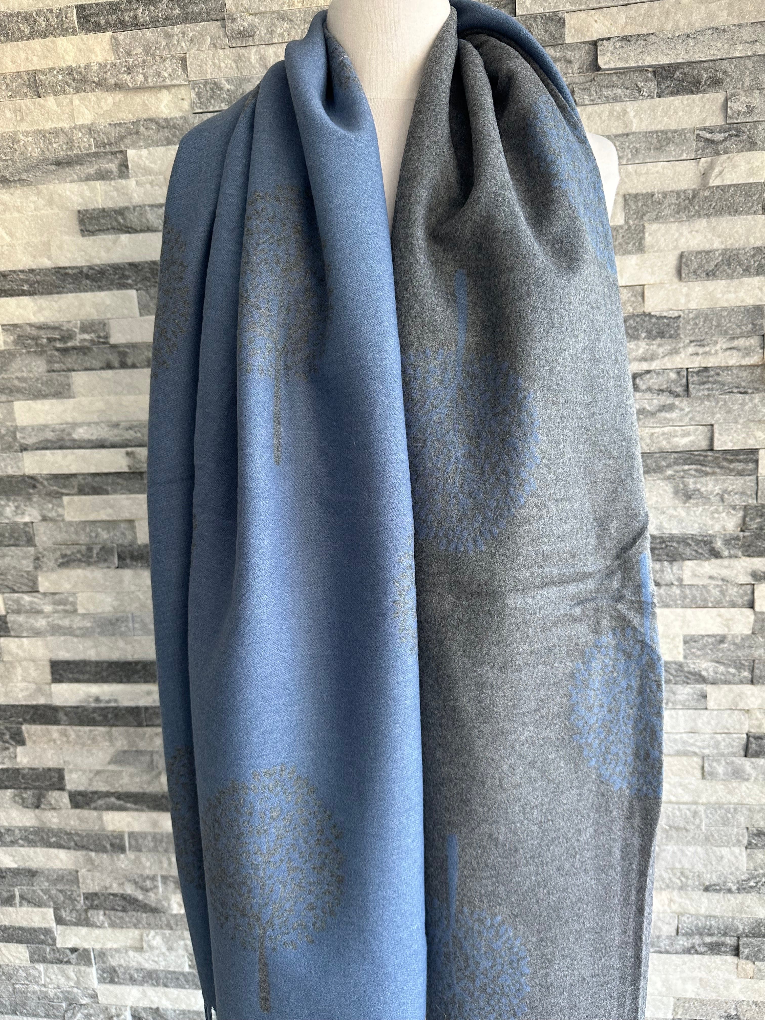 lusciousscarves Denim Blue and Grey Reversible Mulberry Tree Scarf / Wrap , Cashmere blend