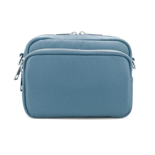 lusciousscarves Denim Blue Italian Leather Crossbody Camera Bag with Double Zip , Front Pocket Compartment