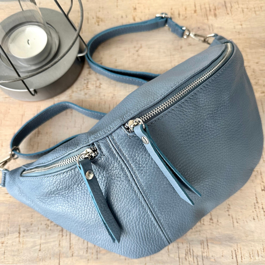 lusciousscarves Denim Blue Italian Leather Sling Bag / Bum Bag