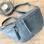 Load image into Gallery viewer, lusciousscarves Denim Blue Italian Leather Sling Bag / Bum Bag

