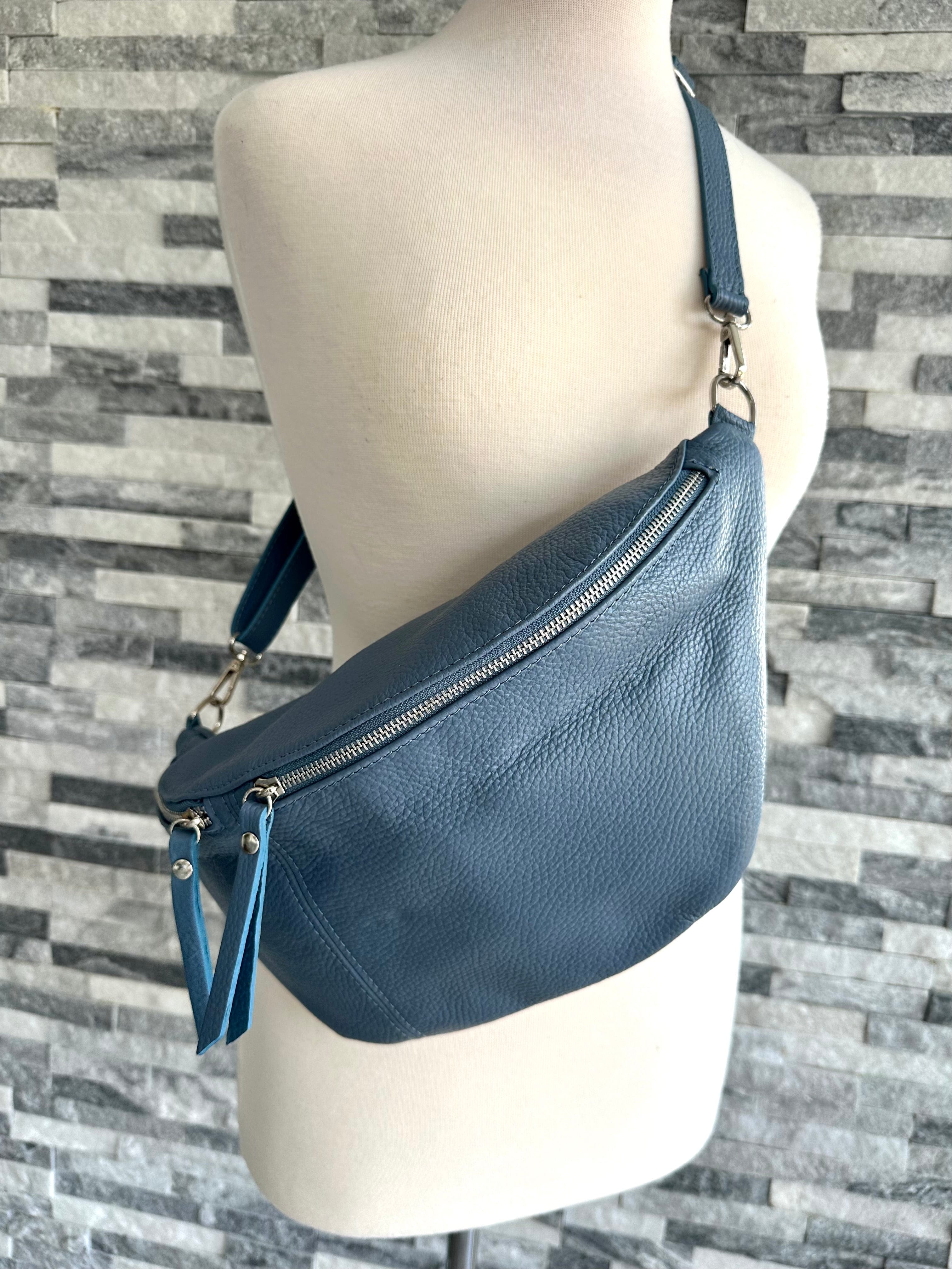 lusciousscarves Denim Blue Italian Leather Sling Bag / Bum Bag