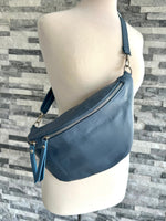 Load image into Gallery viewer, lusciousscarves Denim Blue Italian Leather Sling Bag / Bum Bag
