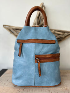 lusciousscarves Denim Blue Ladies Faux Leather Large Triangular Backpack , Rucksack
