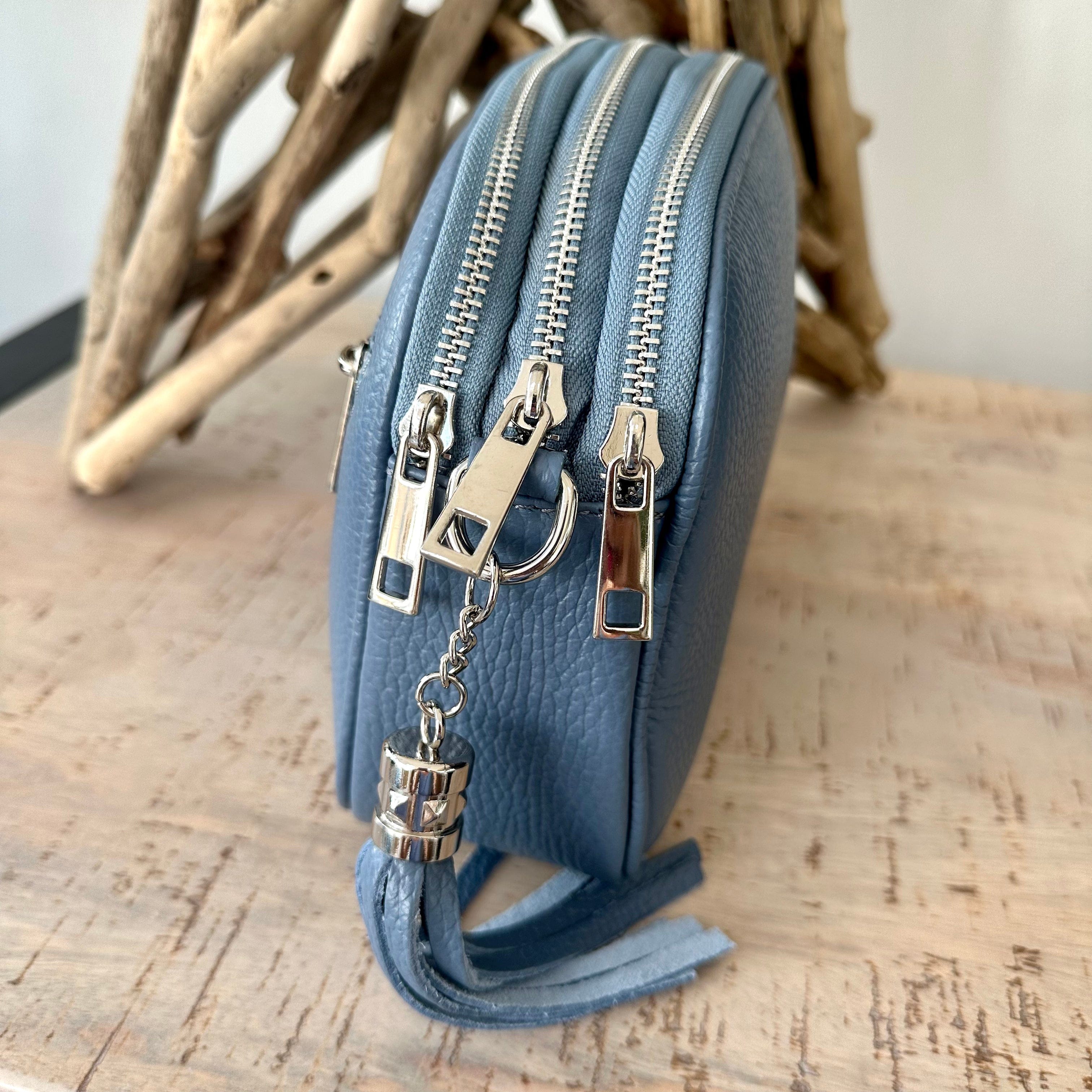 Denim Blue Triple Zip Italian Leather Crossbody Camera Bag