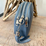 Load image into Gallery viewer, lusciousscarves Denim Blue Triple Zip Italian Leather Crossbody Camera Bag
