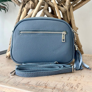 lusciousscarves Denim Blue Triple Zip Italian Leather Crossbody Camera Bag