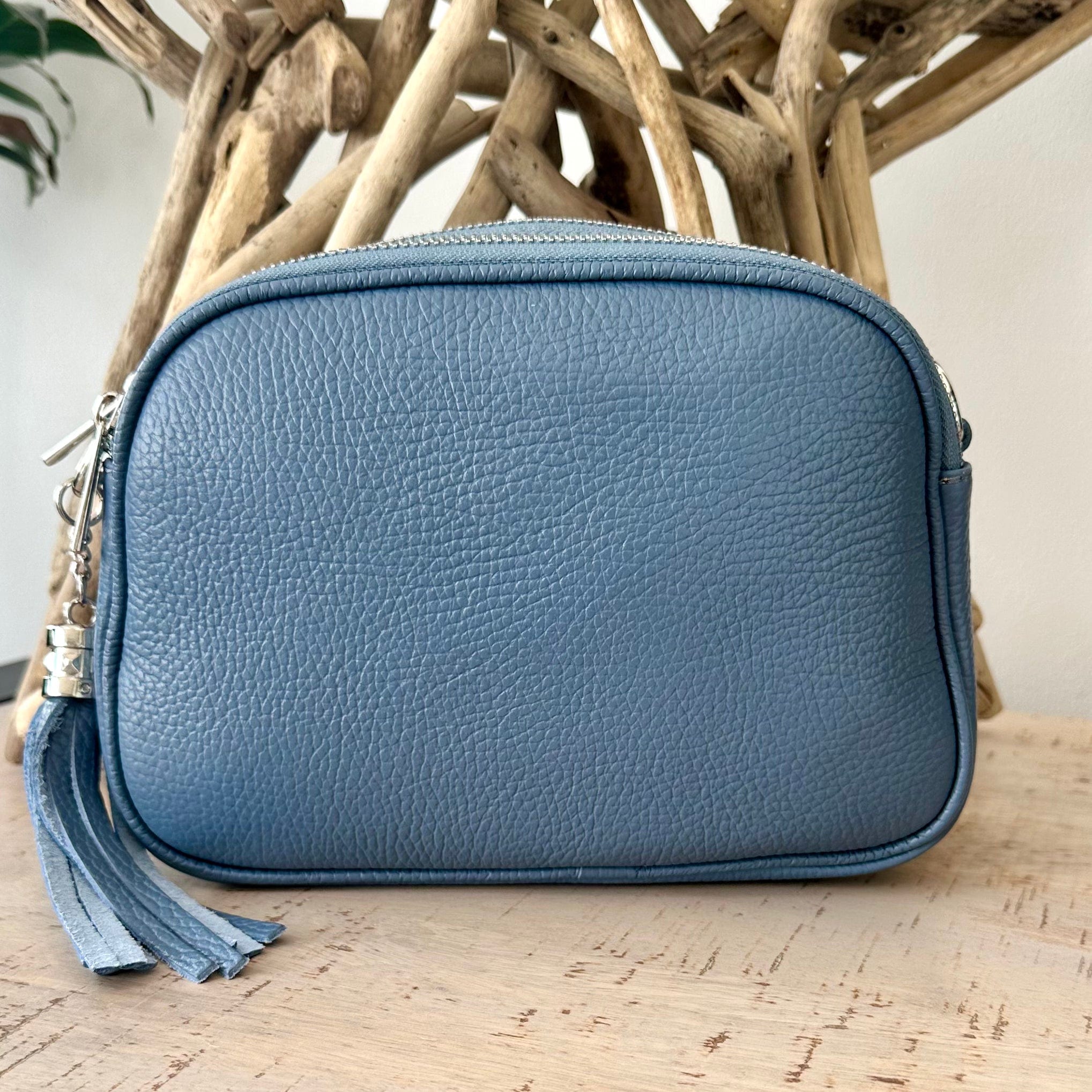 lusciousscarves Denim Blue Triple Zip Italian Leather Crossbody Camera Bag