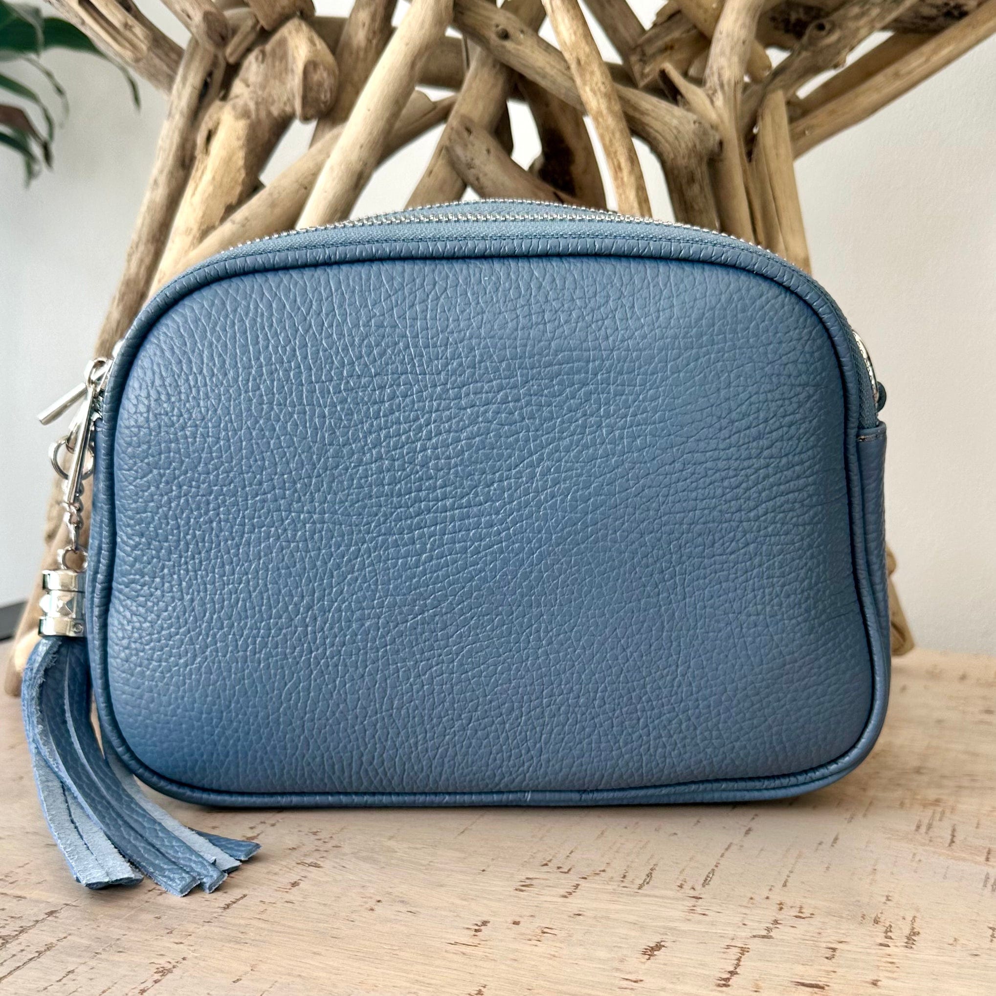 Denim blue sales leather handbag