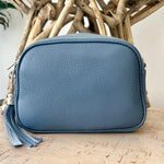 Load image into Gallery viewer, lusciousscarves Denim Blue Triple Zip Italian Leather Crossbody Camera Bag
