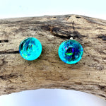 Load image into Gallery viewer, lusciousscarves Dichroic Glass Silver Stud Earrings Aqua Turquoise Cornwall Surf.
