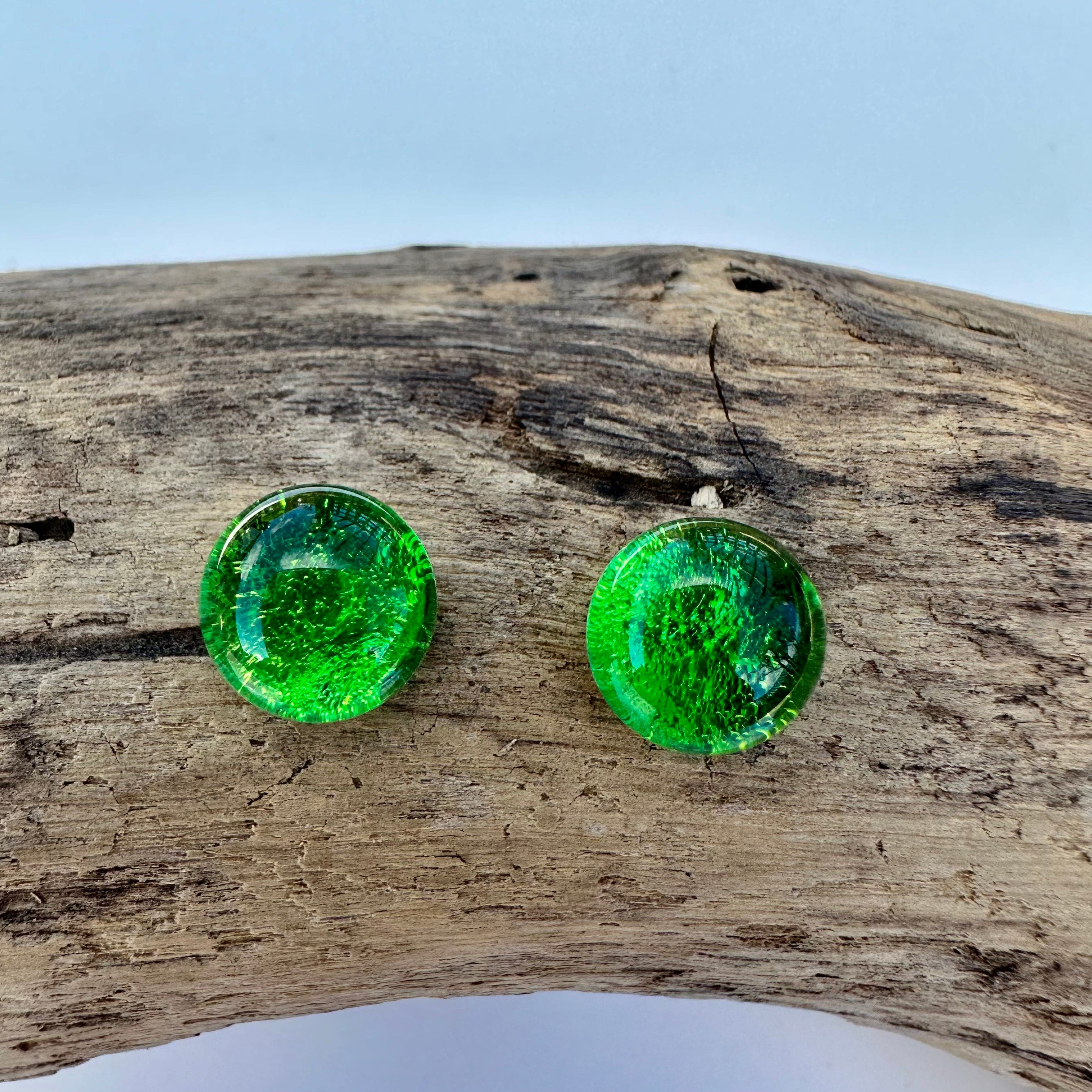 lusciousscarves Dichroic Glass Silver Stud Earrings Eden Project Green.