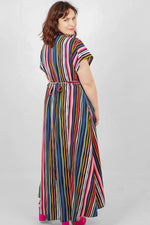 Load image into Gallery viewer, lusciousscarves Dresses Black Bayadere Multi Coloured Stripes Wrap Dress

