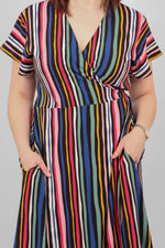 Load image into Gallery viewer, lusciousscarves Dresses Black Bayadere Multi Coloured Stripes Wrap Dress
