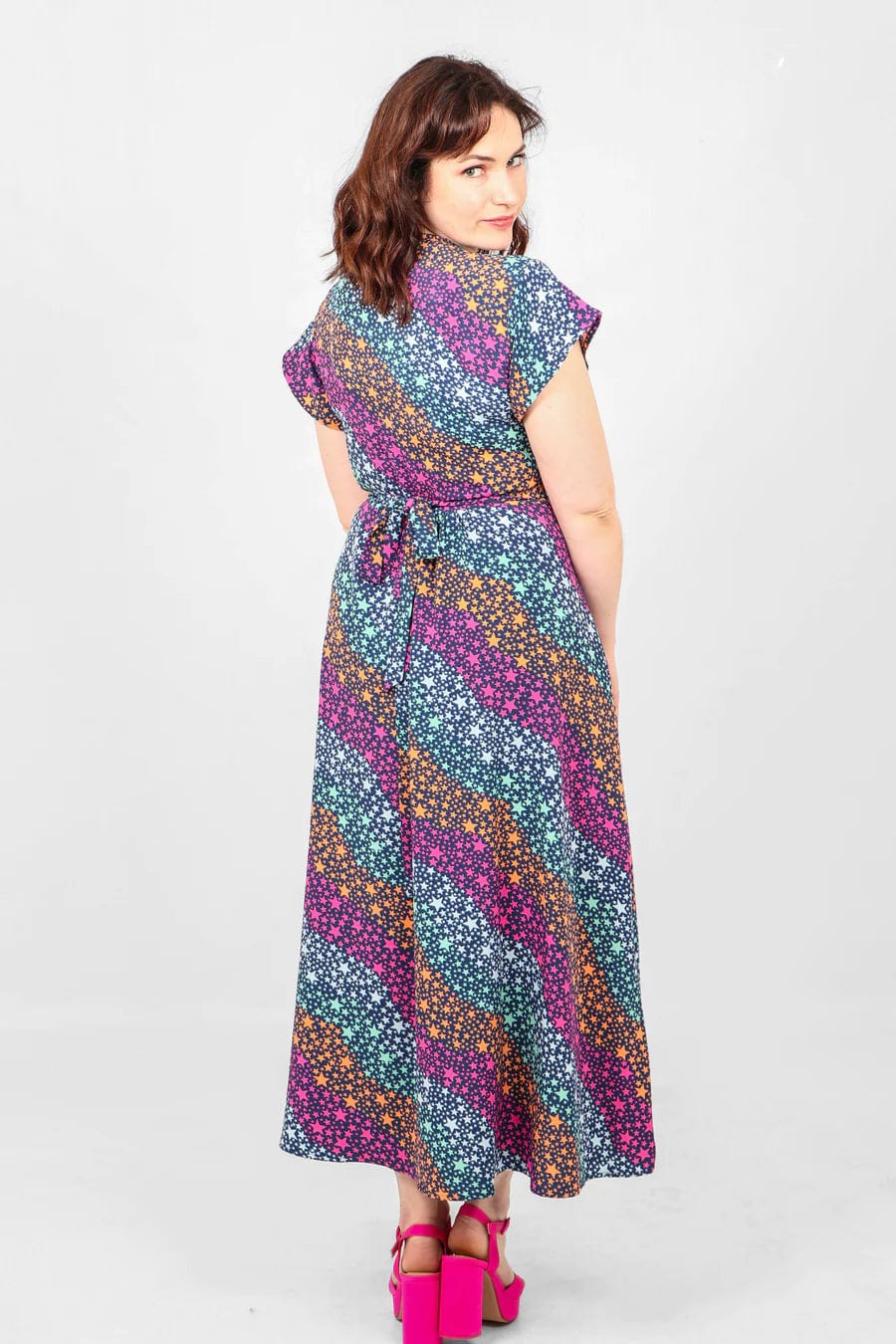 lusciousscarves Dresses Bright Multi Coloured Wavey Stars Design Wrap Dress