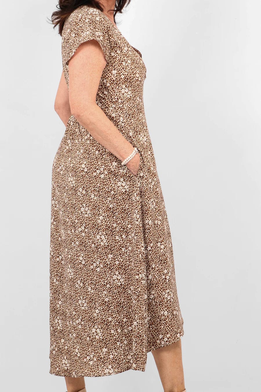 lusciousscarves Dresses Cream and Brown Animal Print with Small Floral Pattern Design Wrap Dress
