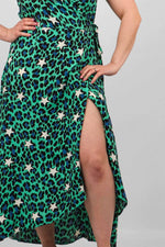 Load image into Gallery viewer, lusciousscarves Dresses Green, Black and White Leopard and Star Print Wrap Dress.
