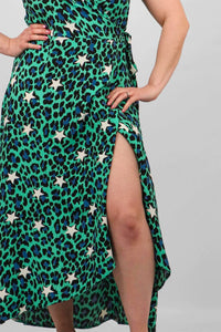 lusciousscarves Dresses Green, Black and White Leopard and Star Print Wrap Dress.