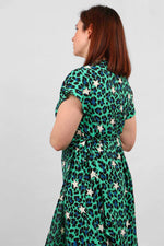 Load image into Gallery viewer, lusciousscarves Dresses Green, Black and White Leopard and Star Print Wrap Dress.
