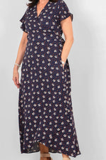 Load image into Gallery viewer, lusciousscarves Dresses Navy, White and Orange Delicate Floral and Animal Print Wrap Dress
