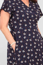 Load image into Gallery viewer, lusciousscarves Dresses Navy, White and Orange Delicate Floral and Animal Print Wrap Dress
