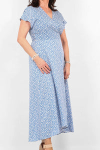 lusciousscarves Dresses Small Blue and White Delicate Daisy Print Wrap Dress