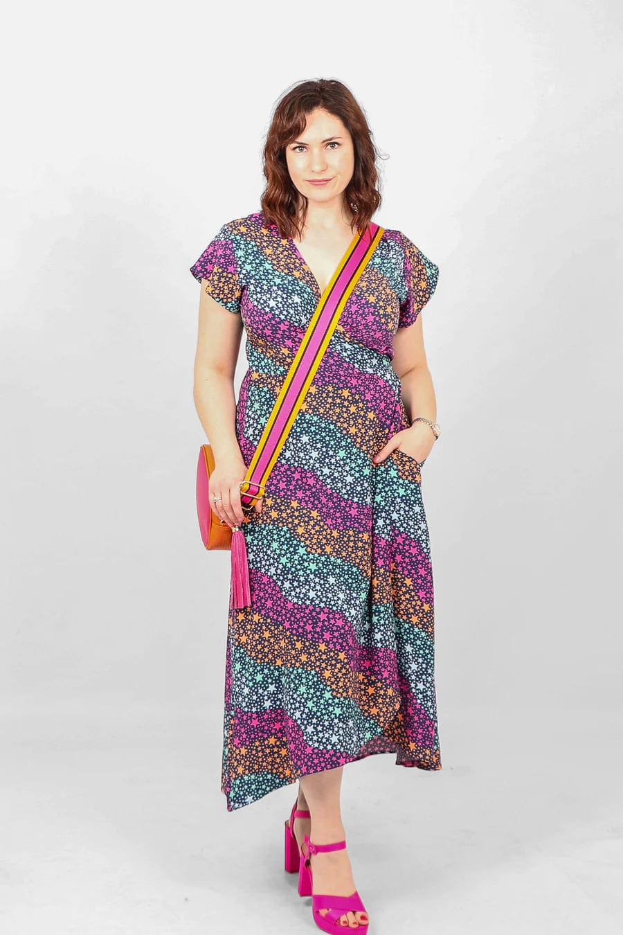 lusciousscarves Dresses Small Bright Multi Coloured Wavey Stars Design Wrap Dress