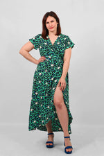 Load image into Gallery viewer, lusciousscarves Dresses Small Green, Black and White Leopard and Star Print Wrap Dress.
