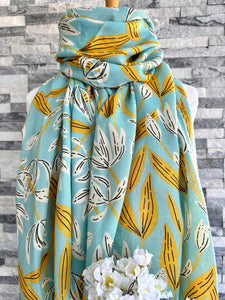 lusciousscarves Duck Egg Blue and Mustard Floral Scarf.