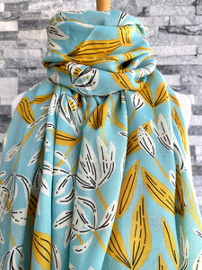 lusciousscarves Duck Egg Blue and Mustard Floral Scarf.