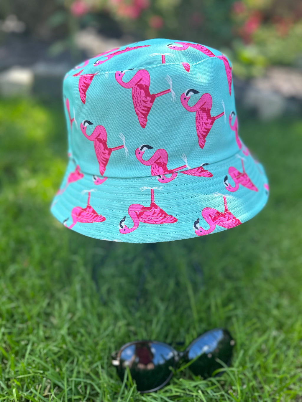lusciousscarves Duck Egg Blue Reversible Bucket Hat with Pink Flamingos