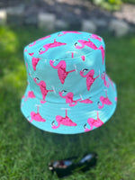 Load image into Gallery viewer, lusciousscarves Duck Egg Blue Reversible Bucket Hat with Pink Flamingos
