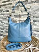Load image into Gallery viewer, lusciousscarves Dusky Blue Italian Leather Bucket Bag Shoulder and Crossbody with Tassel , 9 Colours available.
