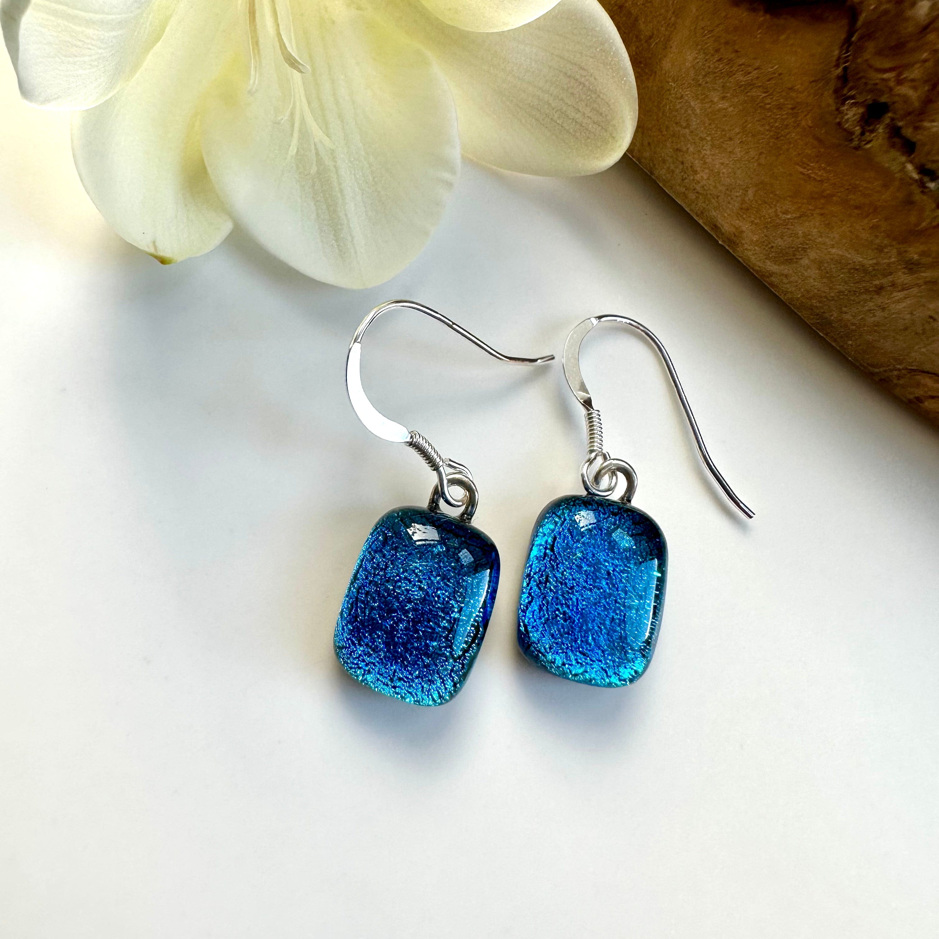 lusciousscarves Earrings Dichroic Glass Drop Earrings Turquoise Reef, Handmade