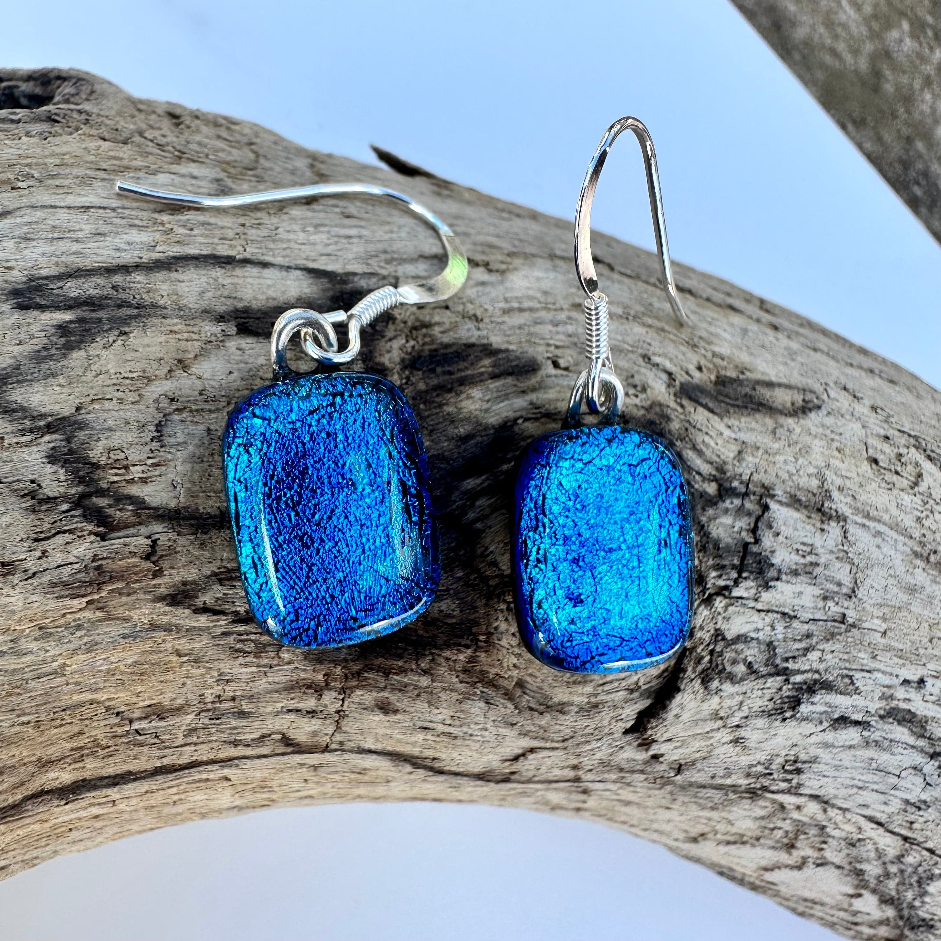 lusciousscarves Earrings Dichroic Glass Drop Earrings Turquoise Reef, Handmade