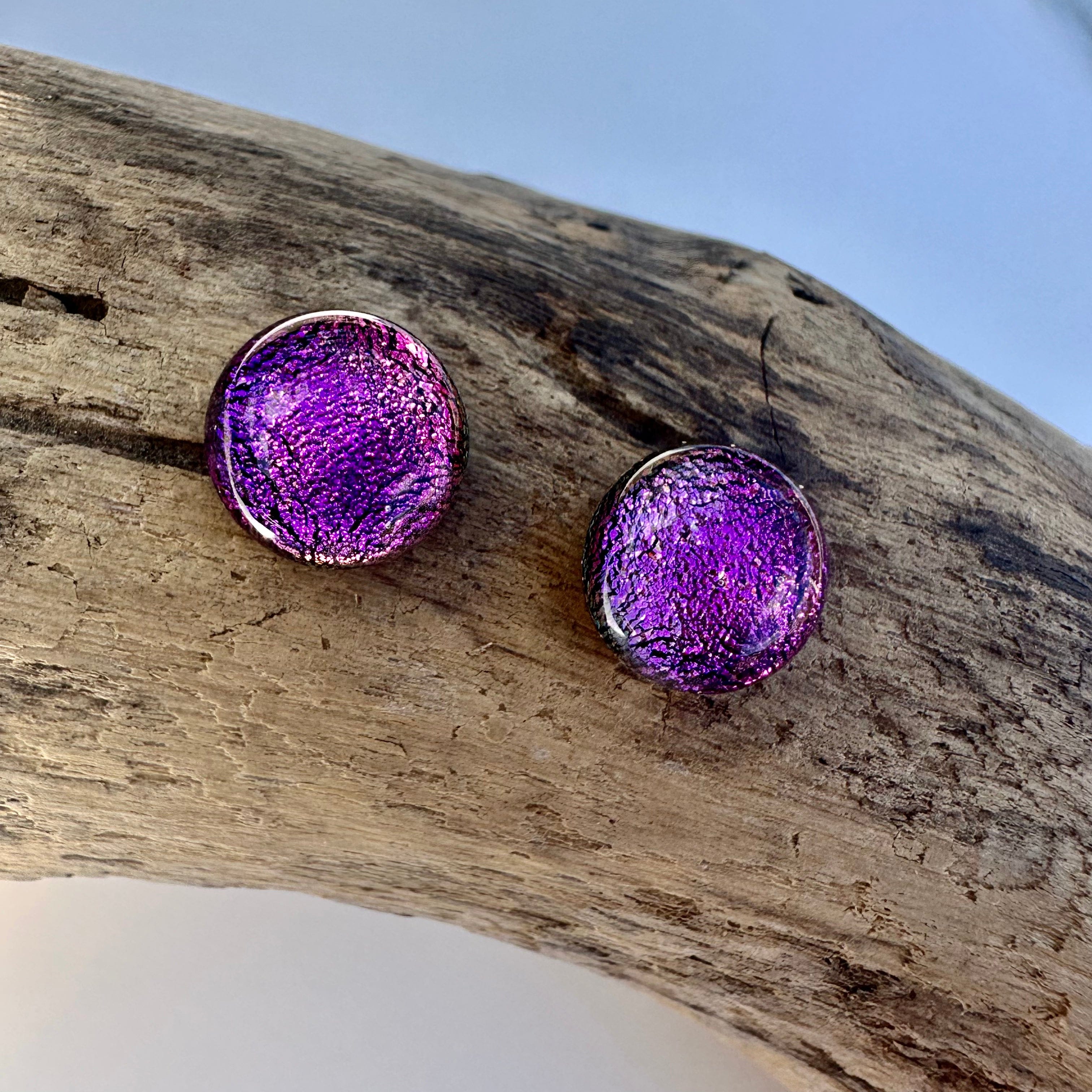 lusciousscarves Earrings Sterling Silver Dichroic Glass Studs , Handmade Tropical Pink Sunrise