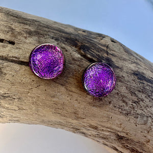 lusciousscarves Earrings Sterling Silver Dichroic Glass Studs , Handmade Tropical Pink Sunrise