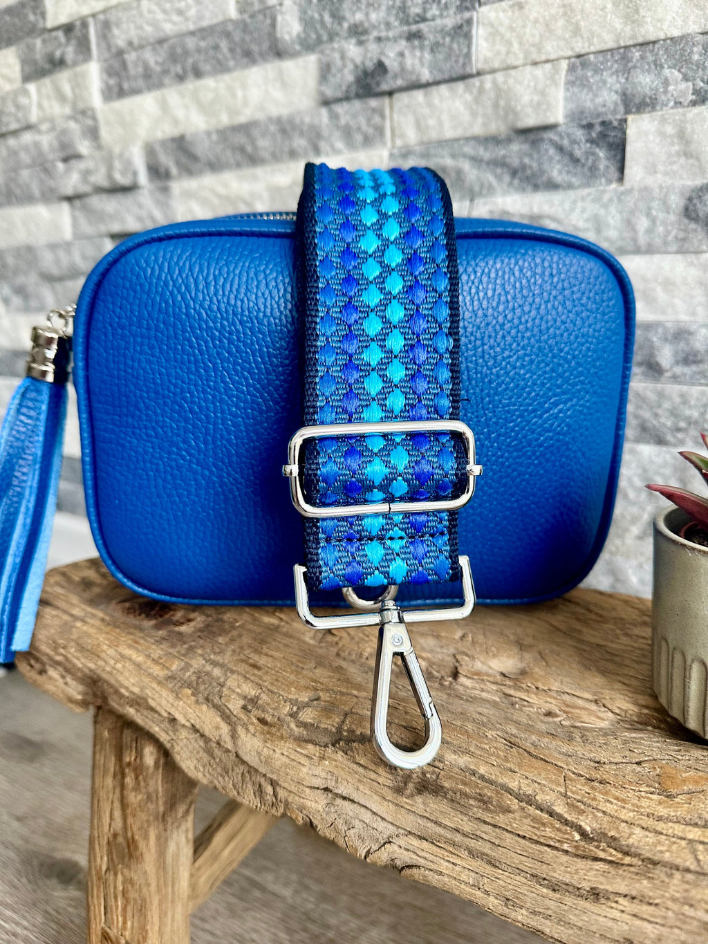 lusciousscarves Electric Cobalt  Blue Italian leather camera bag and strap combo
