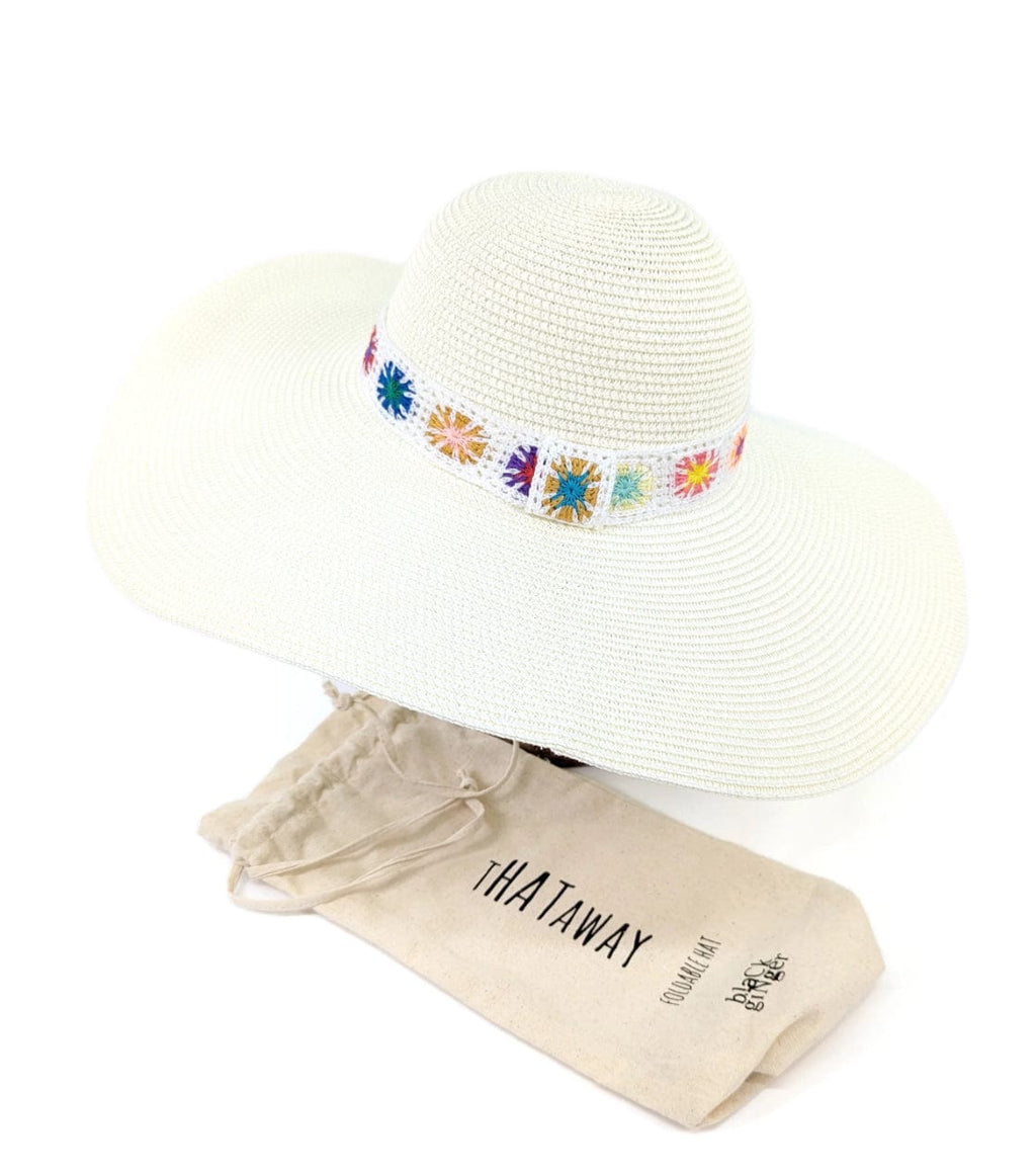 lusciousscarves Extra Wide Brim Foldable , Rollable Cream Sun Hat with a Colourful Crochet Band .