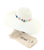 Load image into Gallery viewer, lusciousscarves Extra Wide Brim Foldable , Rollable Cream Sun Hat with a Colourful Crochet Band .
