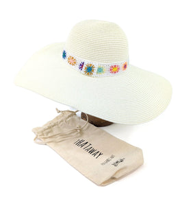 lusciousscarves Extra Wide Brim Foldable , Rollable Cream Sun Hat with a Colourful Crochet Band .