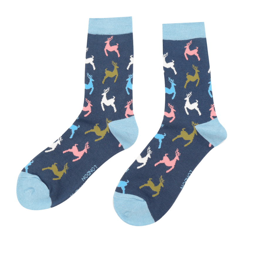 lusciousscarves Festive Leaping Deer Bamboo Socks Ladies Miss Sparrow Blue