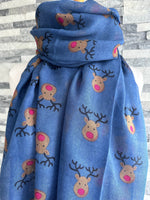Load image into Gallery viewer, lusciousscarves Festive Rudolph Red Nose Reindeer Scarf , Blue
