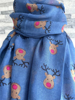 Load image into Gallery viewer, lusciousscarves Festive Rudolph Red Nose Reindeer Scarf , Blue
