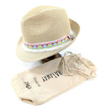 Load image into Gallery viewer, lusciousscarves Foldable Natural Coloured Trilby Hat with a Neon Aztec Ribbon Design.
