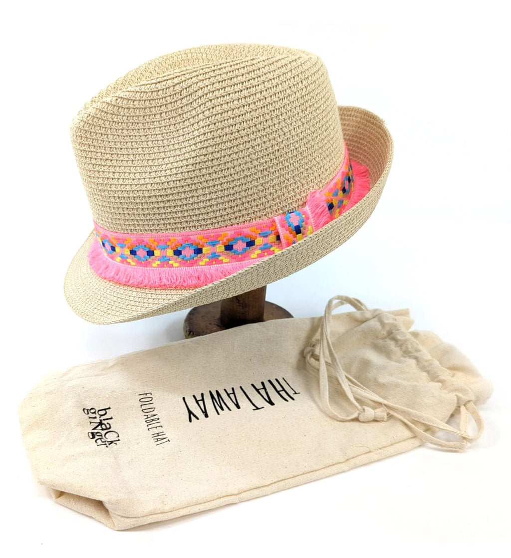 lusciousscarves Foldable Natural Coloured Trilby Hat with a Pink Neon Aztec Ribbon Design.