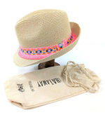 Load image into Gallery viewer, lusciousscarves Foldable Natural Coloured Trilby Hat with a Pink Neon Aztec Ribbon Design.
